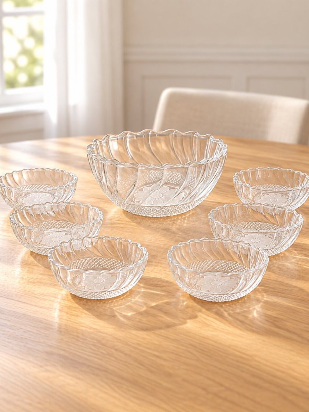 Options Scalloped Glass Salad Bowl Set 7 Pc Daisy Swirl Clear Pressed Glass NIB